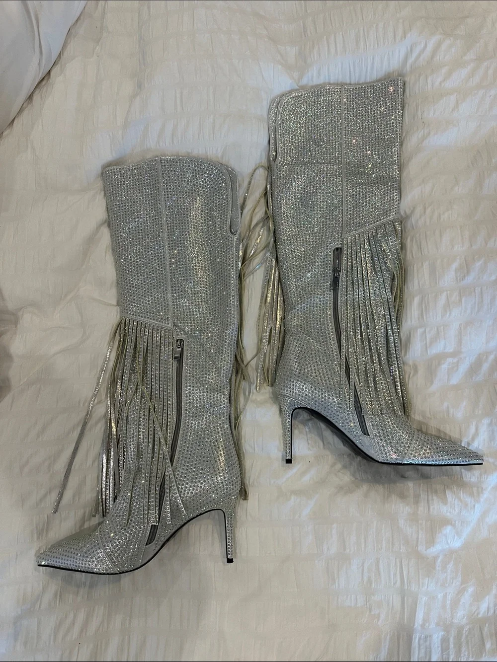 Silver Rhinestone Fringe high Stiletto Boots